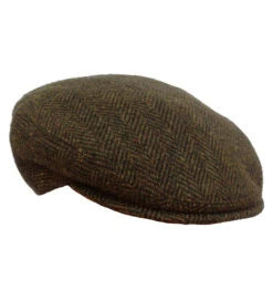 Irish Herringbone Flat Cap In Olive-Brown