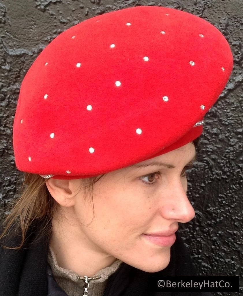 Vintage Red Slanted Beret Style Hat In Fur Felt With Swarovski Crystals - Image 3